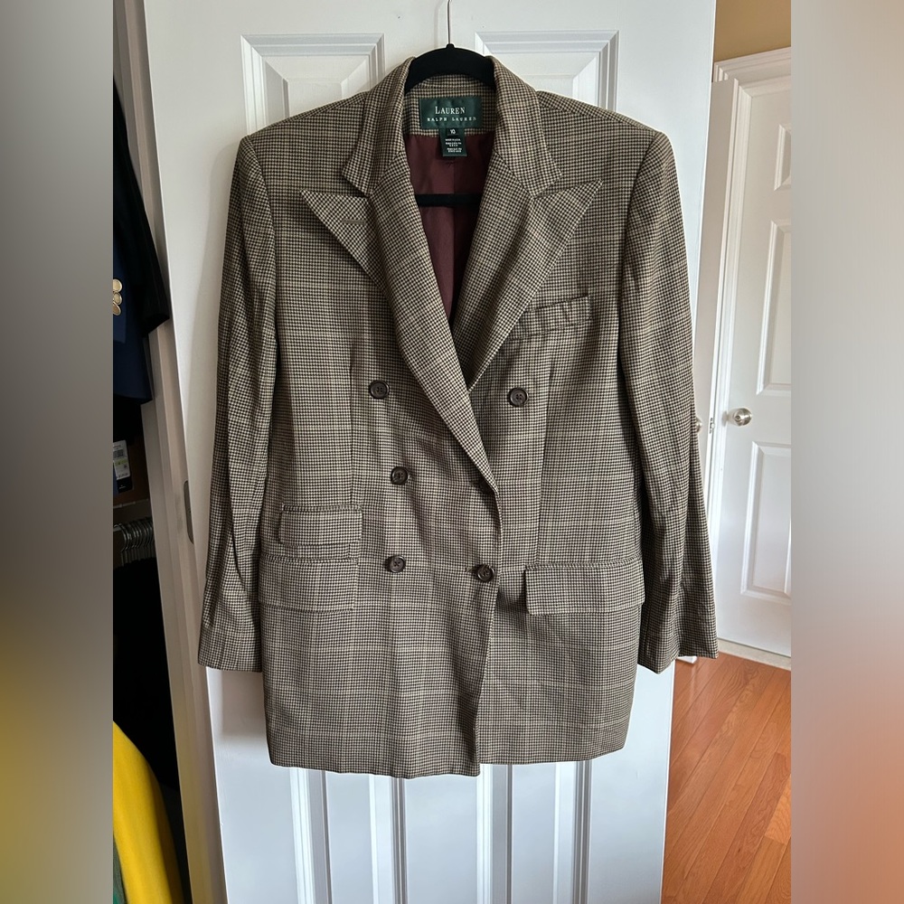 Ralph Lauren Pure Wool Plaid Tweed Brown Blazer Size 10